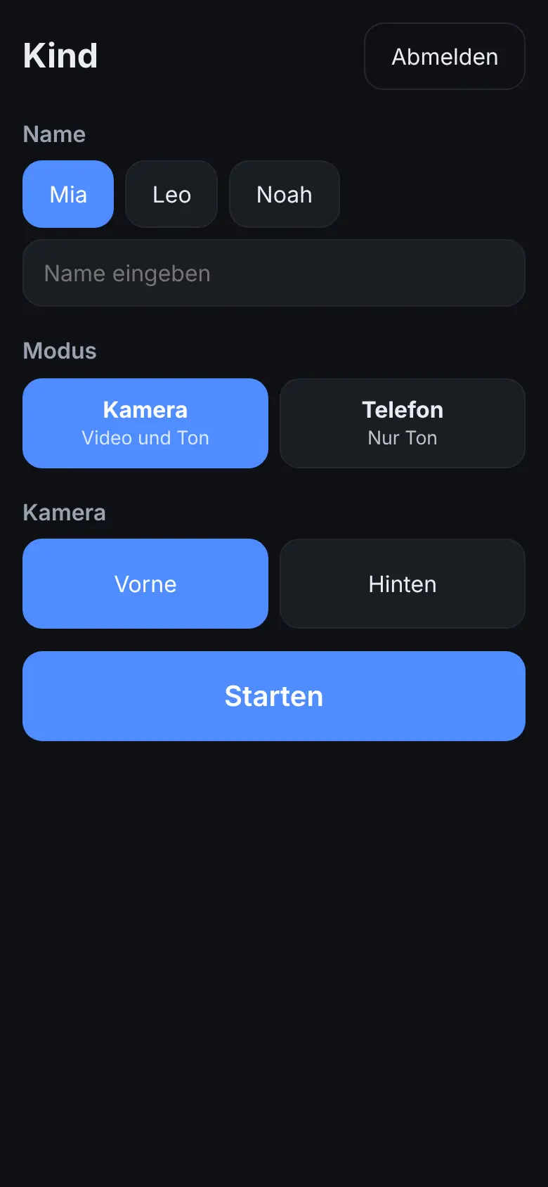 Kindgerät auf dem Handy: Name Mia gewählt, Modus Kamera, Frontkamera, Taste Starten.