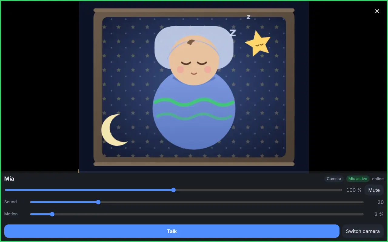 Vista ingrandita di Mia con un neonato illustrato che dorme nella culla, sotto i cursori e il pulsante Talk.