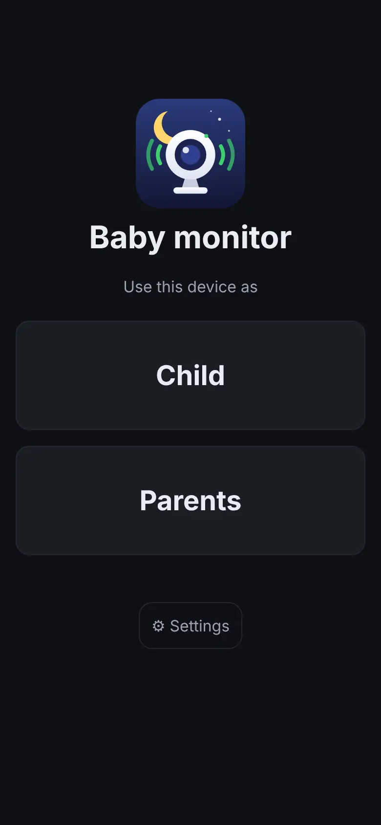 Pagina iniziale su un telefono con il logo, i pulsanti Child e Parents e Settings.