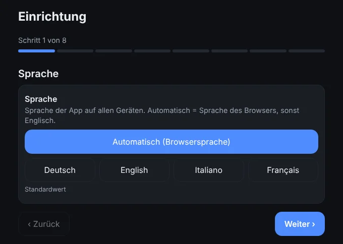 Einrichtungsassistent Schritt 1 von 8: Sprache mit den Optionen Automatisch, Deutsch, English, Italiano und Français.